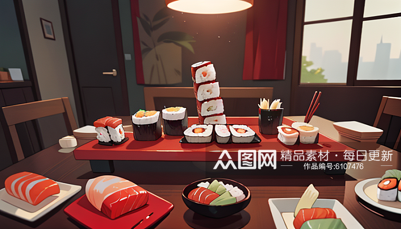 卡通风餐桌上的寿司AI数字艺术素材