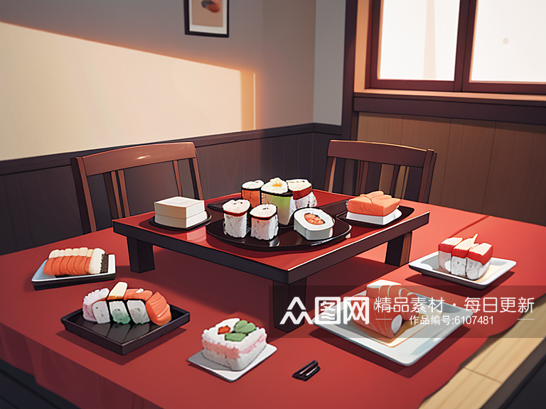 卡通风餐桌上的寿司AI数字艺术素材