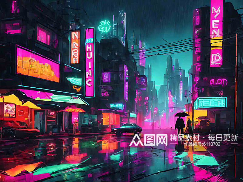 霓虹朋克下雨的街道AI数字艺术素材
