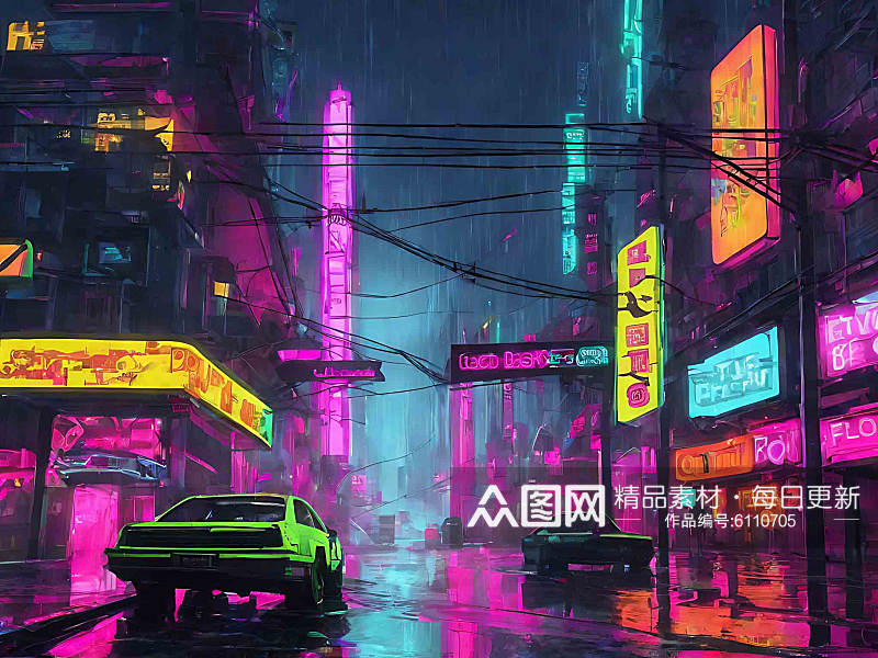 霓虹朋克下雨的街道AI数字艺术素材