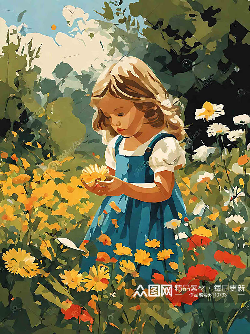 花园里摘花的小女孩插画AI数字艺术素材