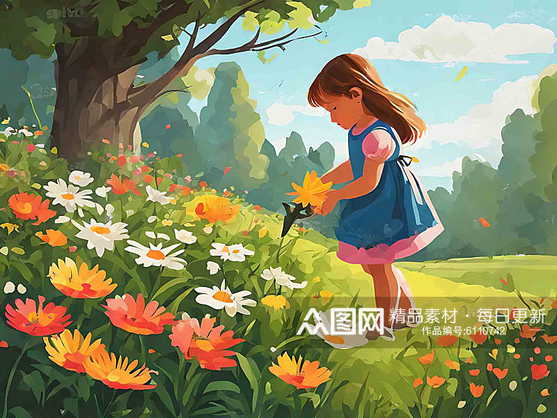 花园里摘花的小女孩插画AI数字艺术素材