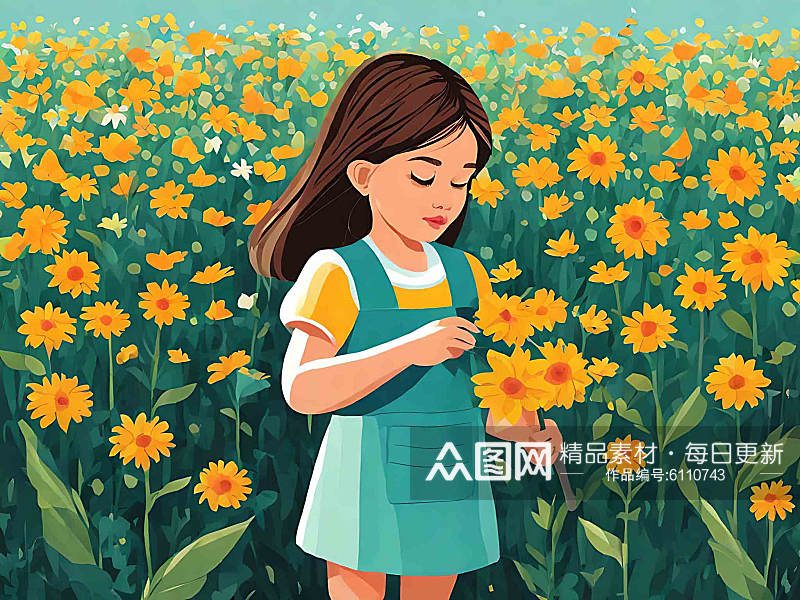 花园里摘花的小女孩插画AI数字艺术素材