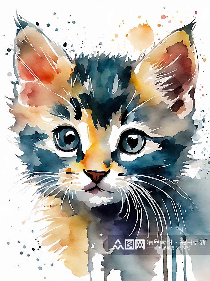 水彩一只小猫咪AI数字艺术素材
