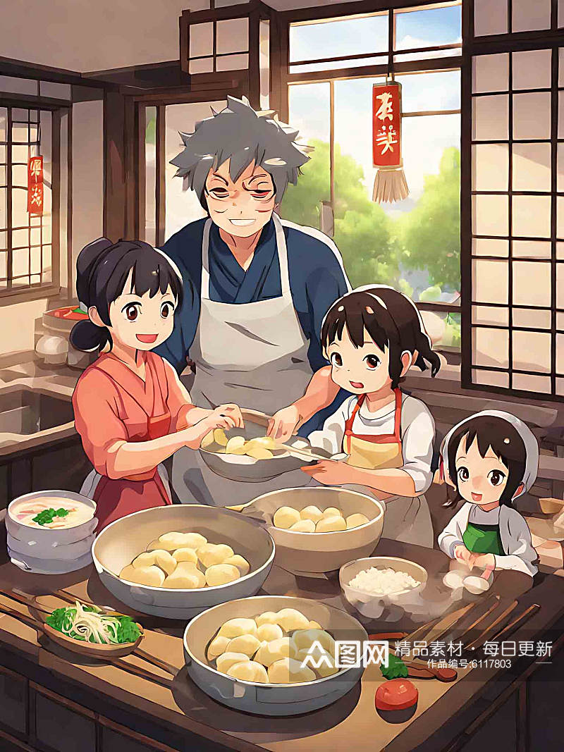 动漫风一家人在包饺子AI数字艺术素材