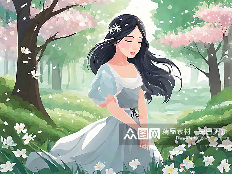 春天唯美治愈女孩森林风景插画素材