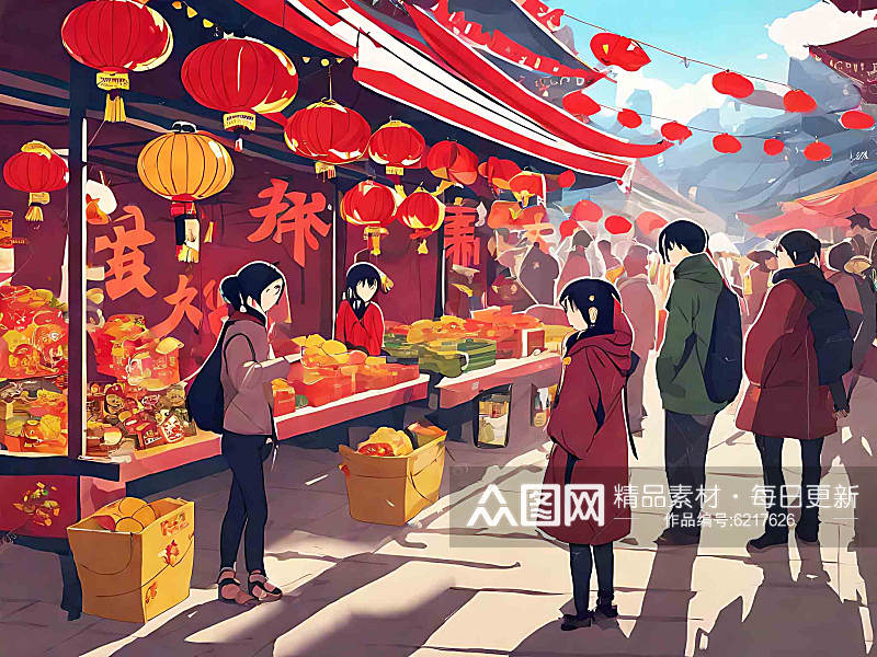 动漫风过年集市买年货场景插画素材