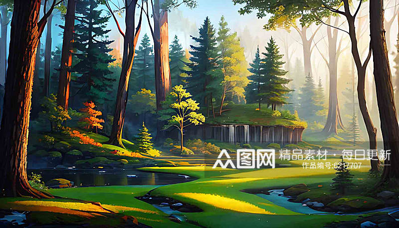 小清新森林治愈系风景插画素材