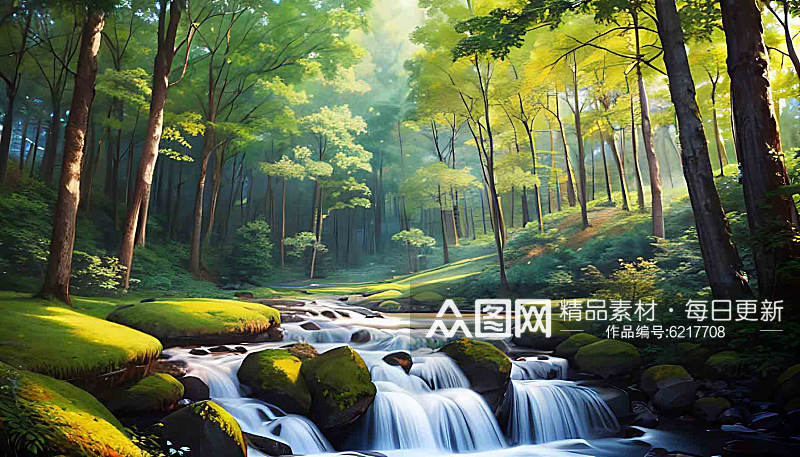 小清新森林治愈系风景插画素材