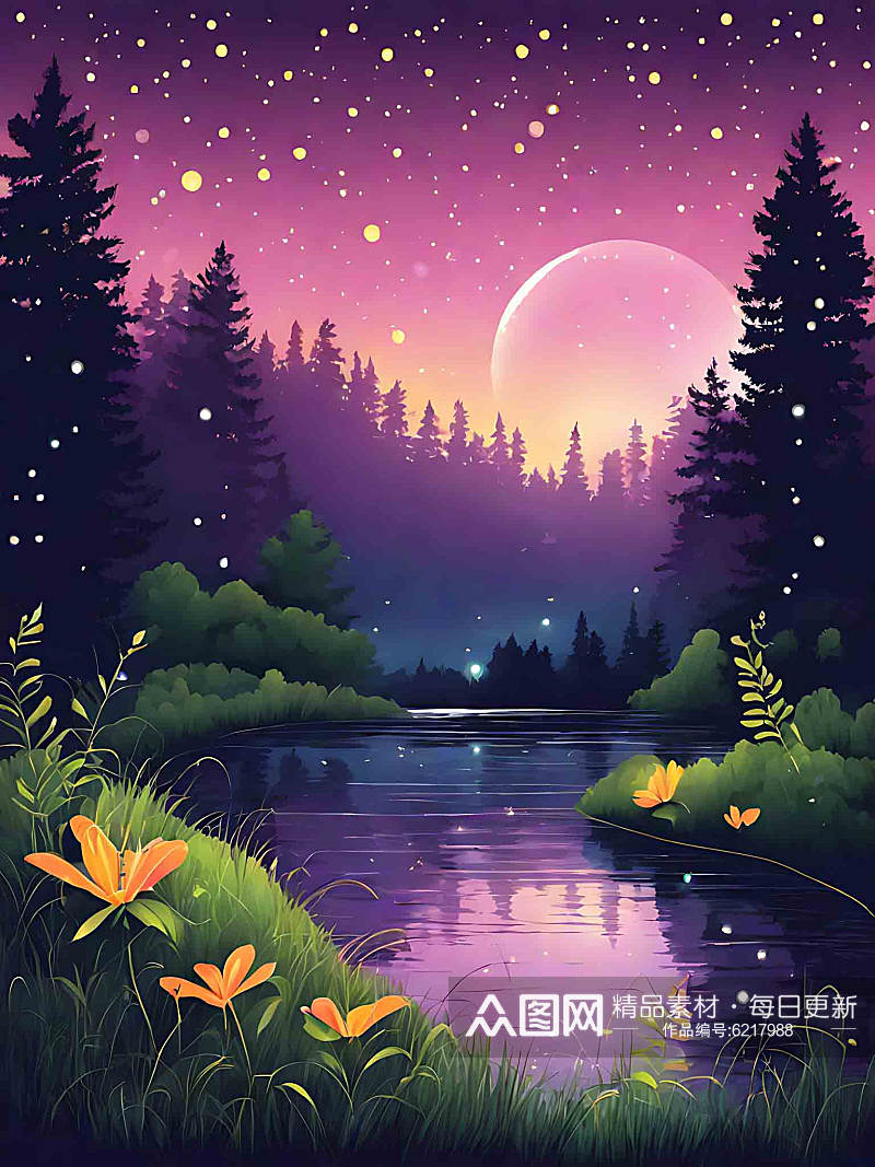 唯美夏夜萤火虫插画素材