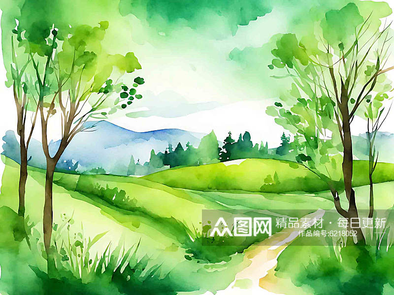 唯美水彩绿色春天山水插画素材