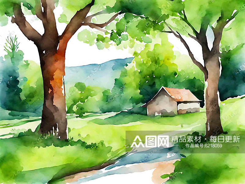 唯美水彩绿色春天山水插画素材