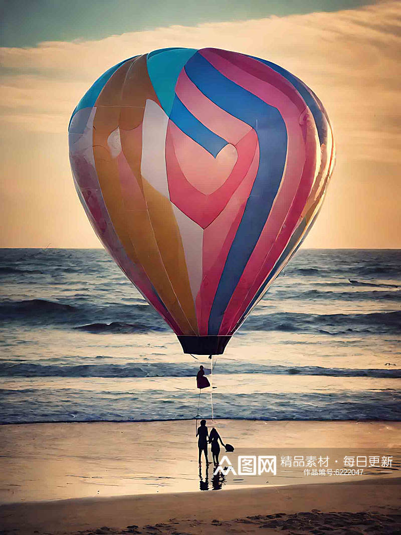 海边沙滩情侣气球AI数字艺术素材
