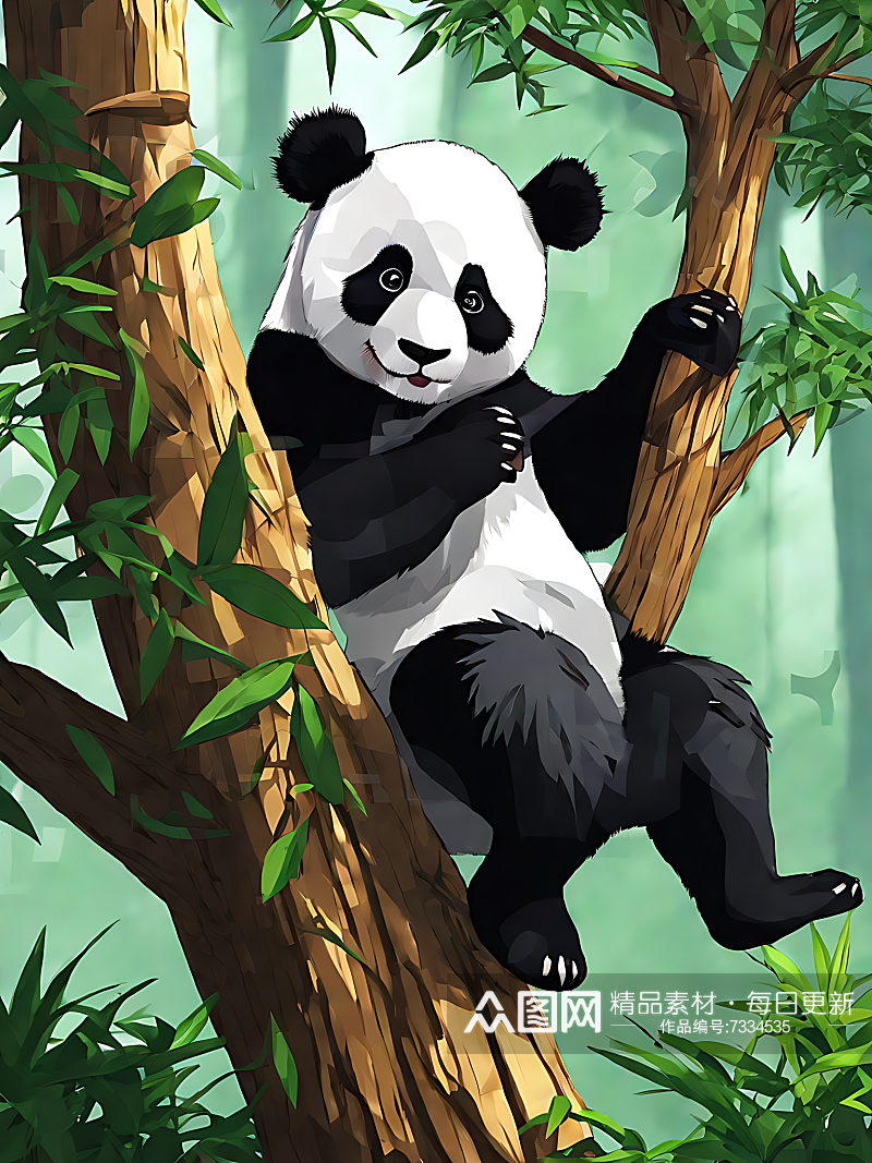 动漫风树上的熊猫AI数字艺术素材