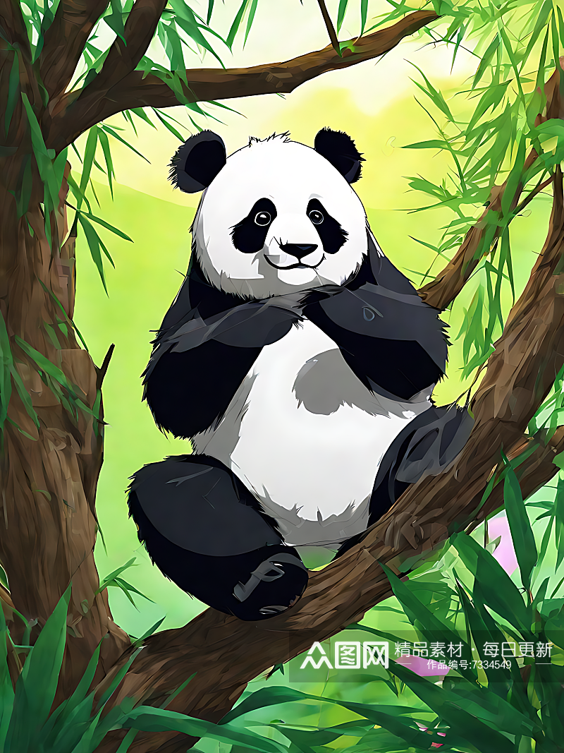 动漫风树上的熊猫AI数字艺术素材