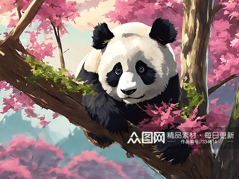 动漫风格树上的熊猫AI数字艺术素材