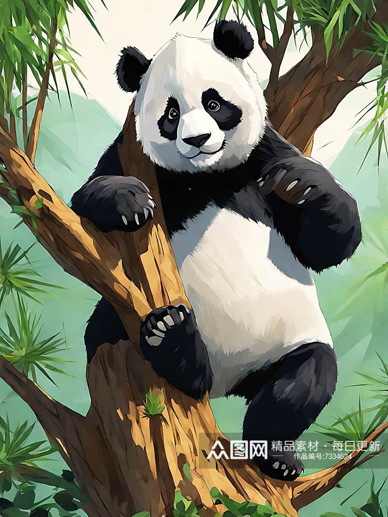 动漫风格树上的熊猫AI数字艺术素材