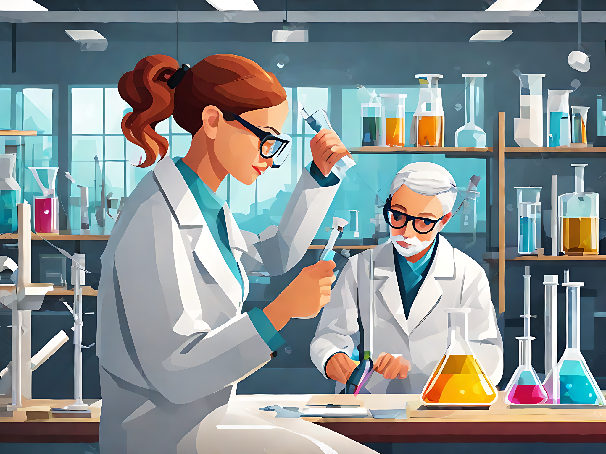扁平风格工作的科学家AI数字艺术素材