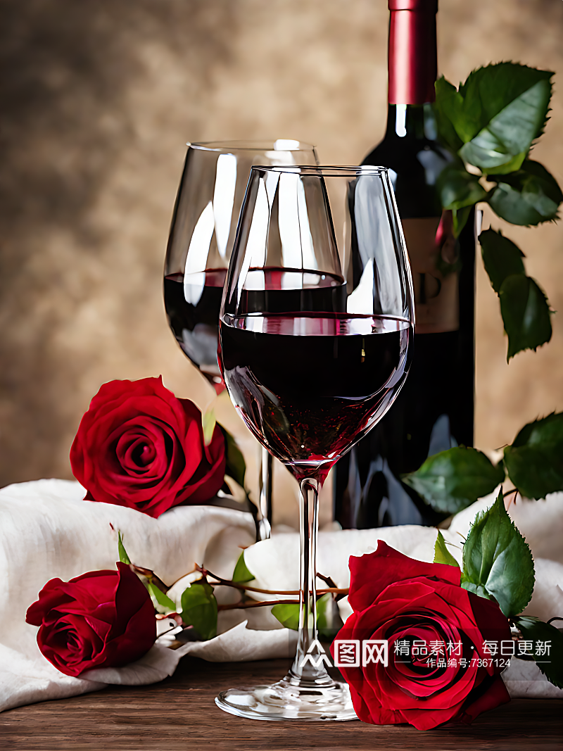 摄影风红酒和玫瑰花AI数字艺术素材