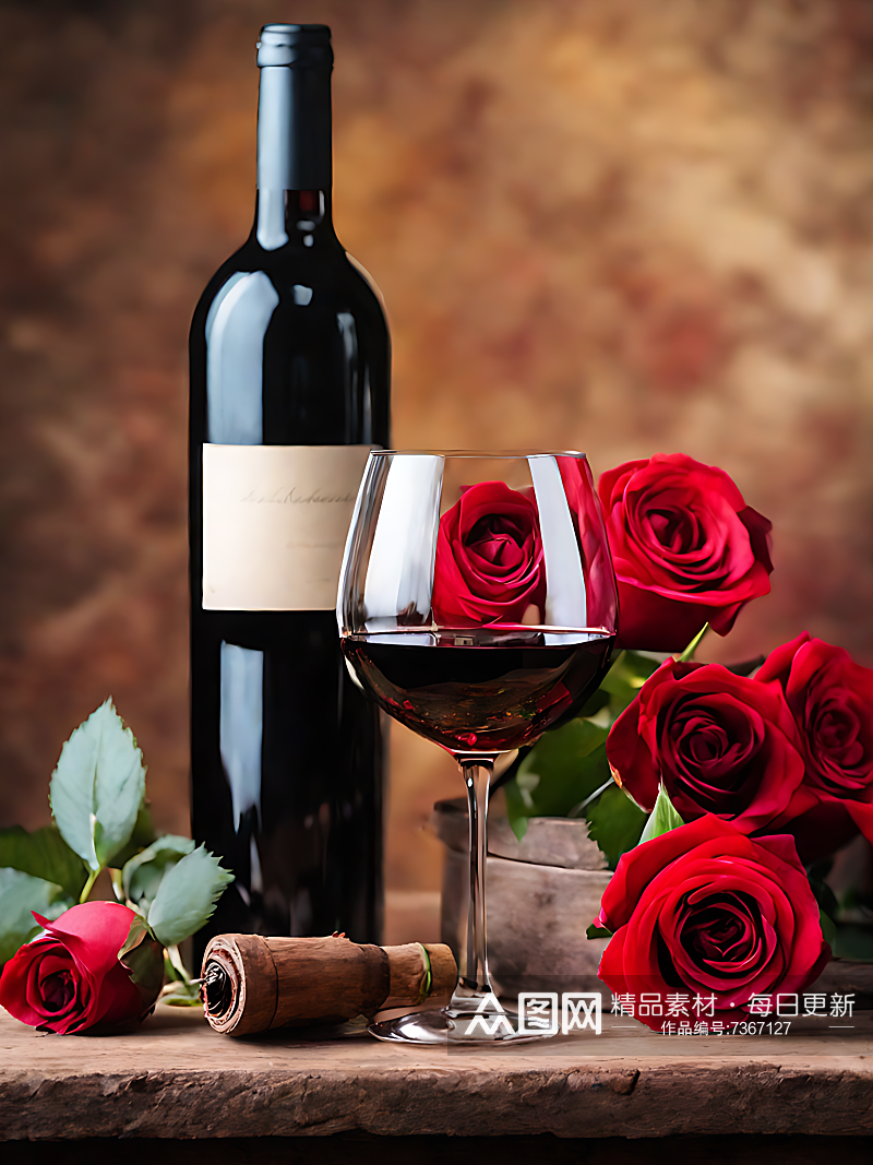 摄影风红酒和玫瑰花AI数字艺术素材