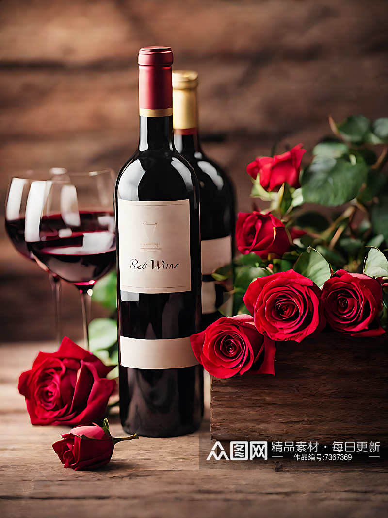 AI数字艺术摄影风红酒和玫瑰花素材