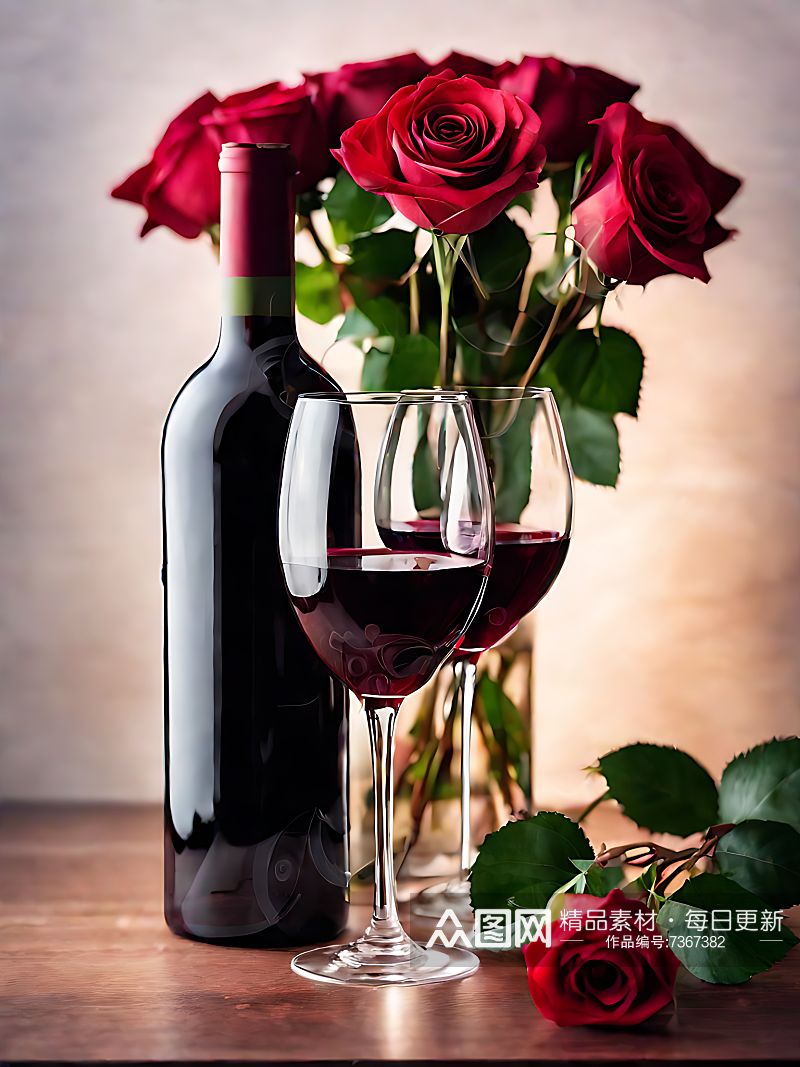 AI数字艺术摄影风格红酒和玫瑰花素材