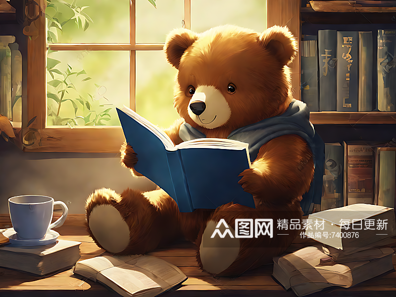动漫风看书的小熊AI数字艺术素材