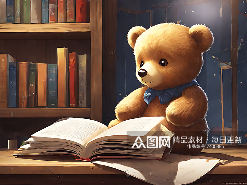动漫风看书的小熊AI数字艺术素材