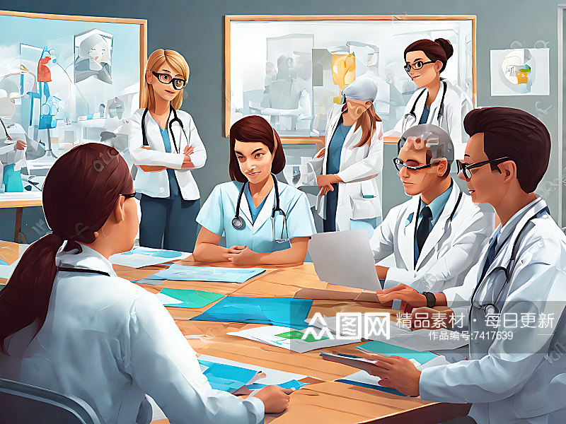AI数字艺术卡通风开会的医护人员素材