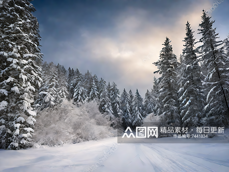 摄影风大雪覆盖的森林AI数字艺术素材
