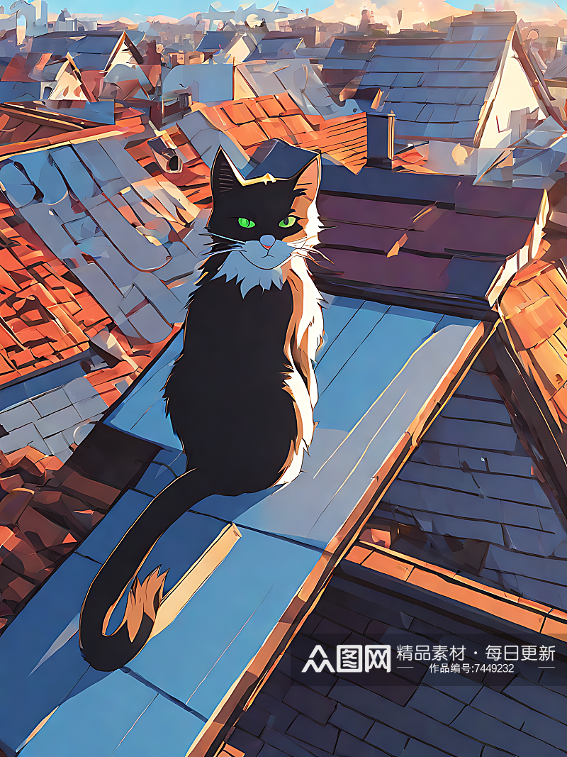动漫风屋顶上的猫咪AI数字艺术素材