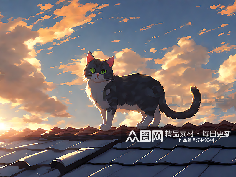 AI数字艺术动漫风屋顶上的猫咪素材