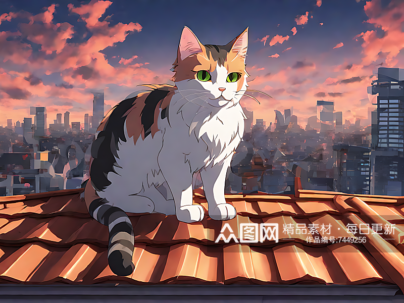 AI数字艺术动漫风屋顶上的猫咪素材