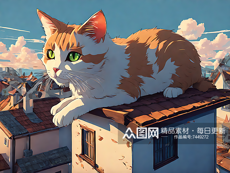 动漫风屋顶上的猫咪AI数字艺术素材