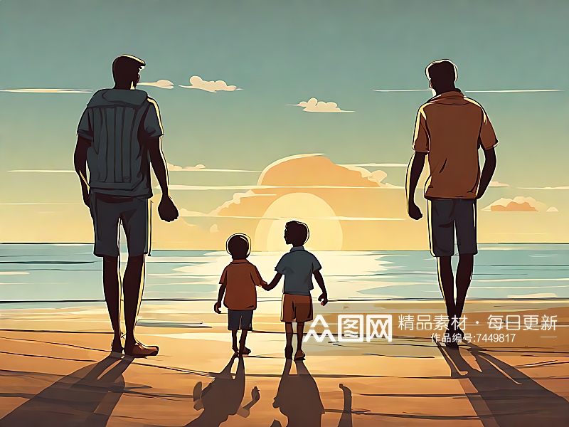卡通风一家人在海边牵手背影AI数字艺术素材