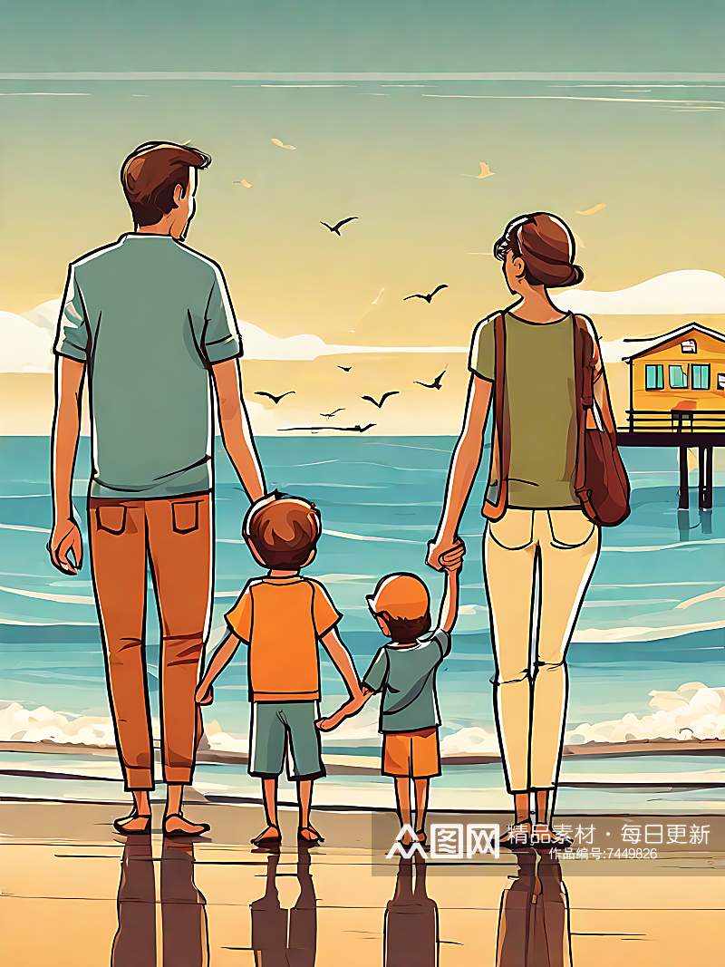 卡通风一家人在海边牵手背影AI数字艺术素材