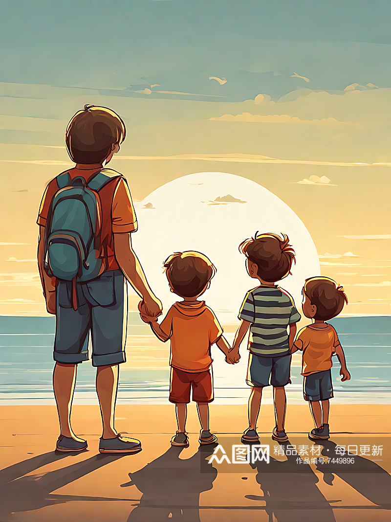 AI数字艺术卡通风一家人在海边牵手背影素材