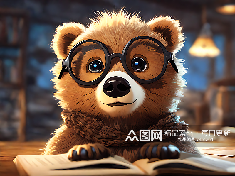 动漫风戴眼镜的小熊AI数字艺术素材