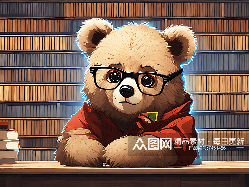 动漫风戴眼镜的小熊AI数字艺术素材