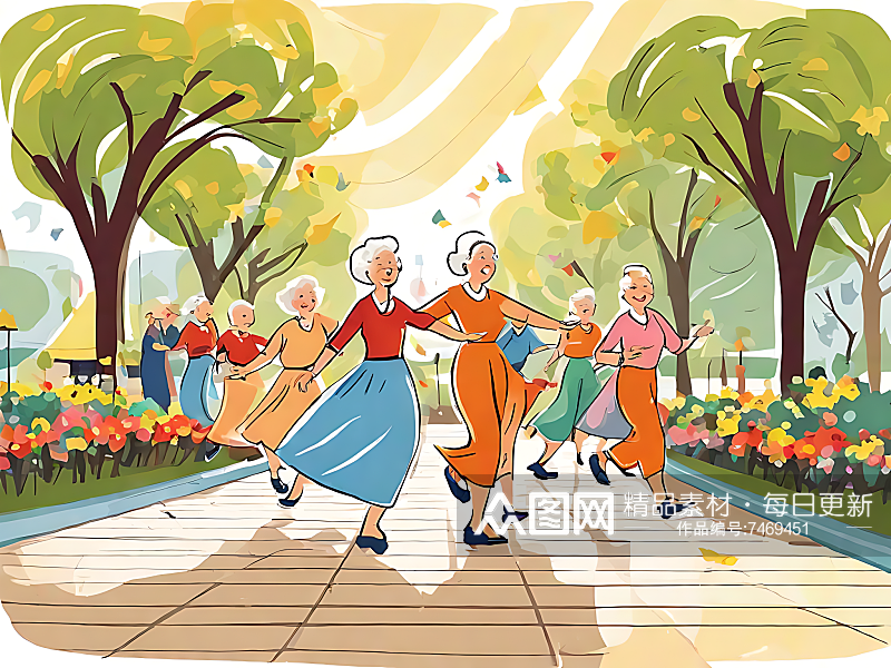AI数字艺术卡通风跳广场舞的奶奶素材