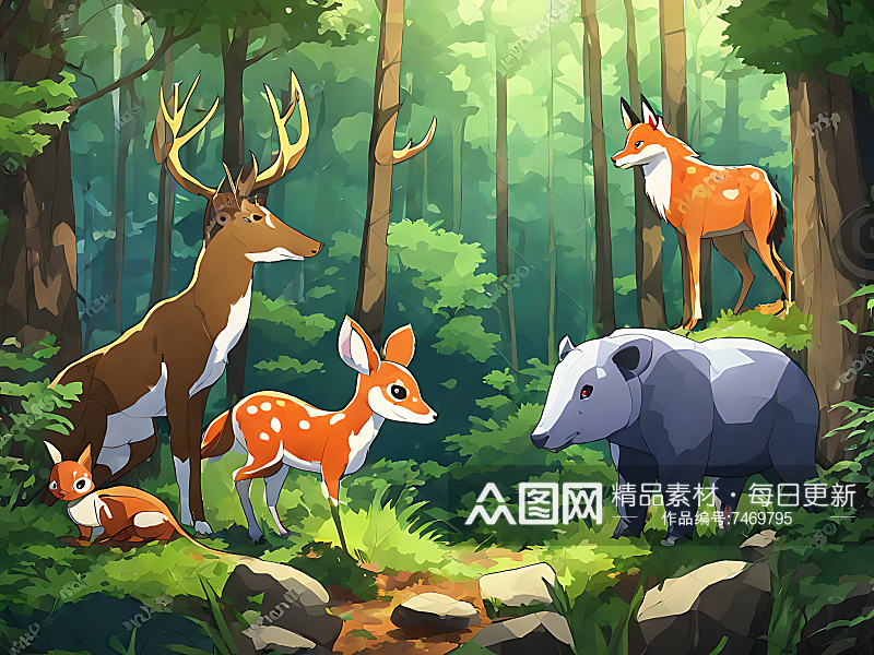 动漫风森林里的动物AI数字艺术素材