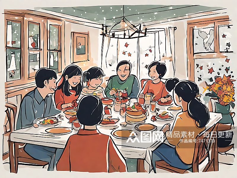 AI数字艺术卡通风一家人团聚场景素材