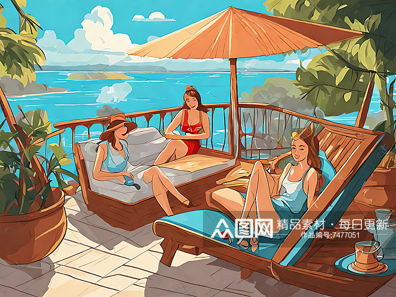 度假休闲的女人卡通插画AI数字艺术素材