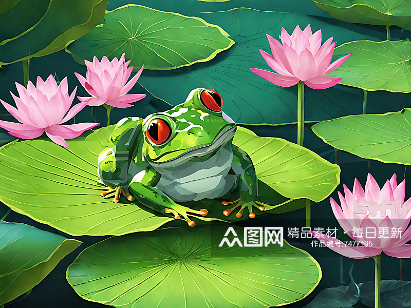 动漫风荷叶上的青蛙AI数字艺术素材