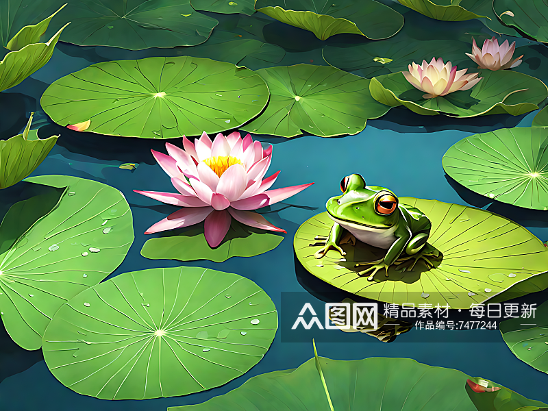动漫风荷叶上的青蛙AI数字艺术素材