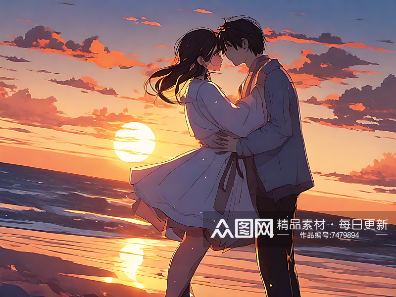 动漫风夕阳下拥抱的情侣AI数字艺术素材