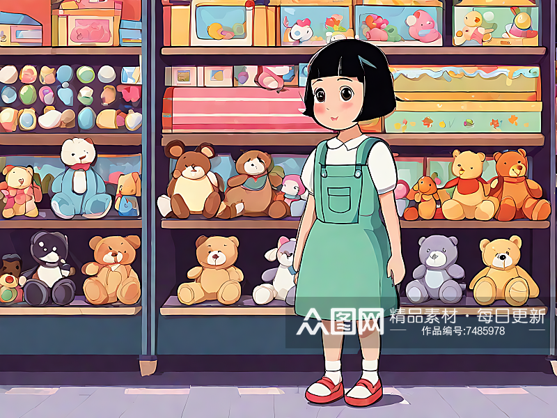 AI数字艺术卡通风在玩具店里的女孩素材