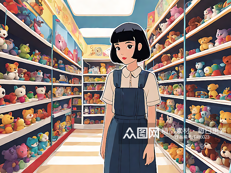 卡通风在玩具店里的女孩AI数字艺术素材