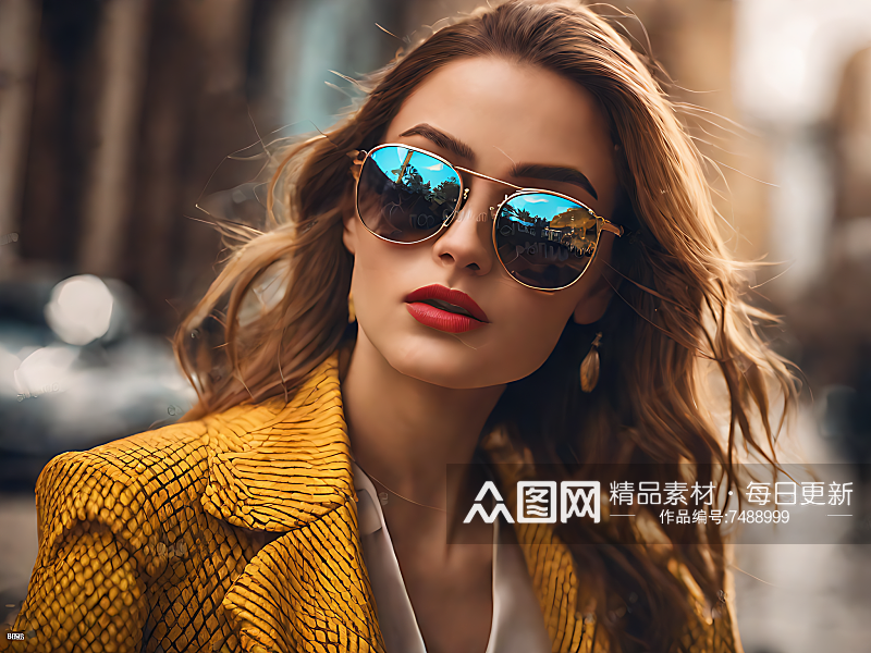 摄影风戴太阳镜的美女模特AI数字艺术素材