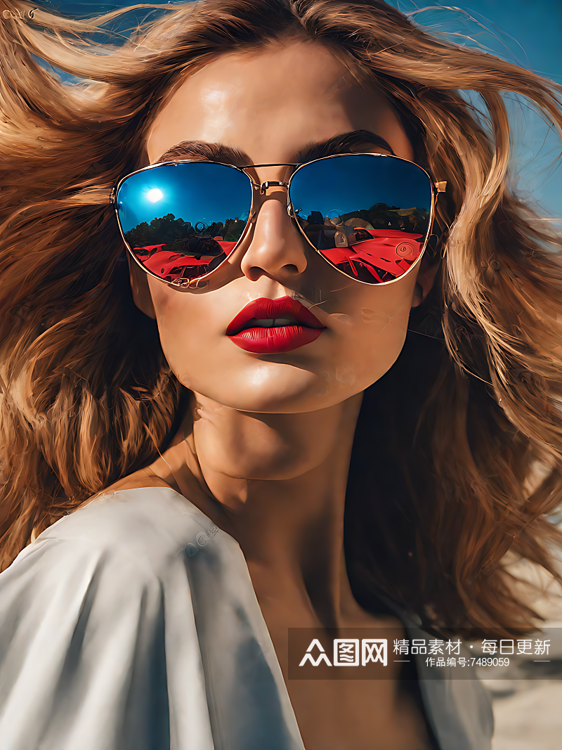 AI数字艺术摄影风戴太阳镜的美女模特素材